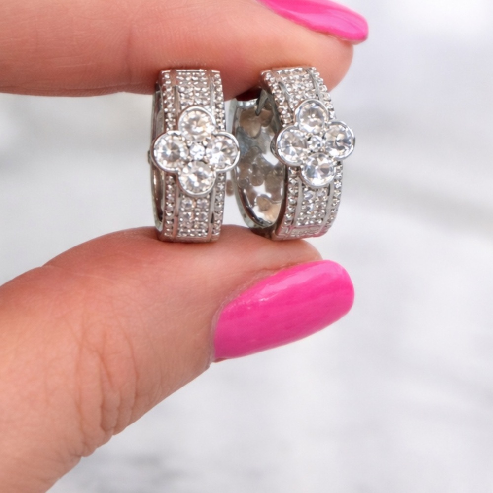 White Gold Huggie Earrings with clover design and CZ stones